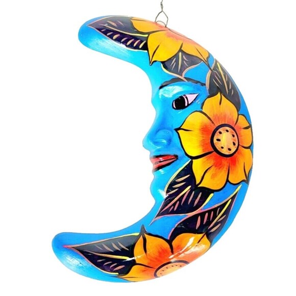 Vintage Mexican Clay Folk Art Celestial Floral Moon Face Wall Hanging - Picture 3 of 5